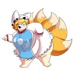  1:1 5_tails animal_humanoid barefoot big_breasts blonde_hair breasts canid canid_humanoid canine canine_humanoid clothed clothing dipstick_tails fangs female fox_humanoid hair hat headgear headwear humanoid mammal multi_tail obese open_mouth overweight overweight_female ran_yakumo short_hair slit_pupils solo superspoe touhou video_games yellow_eyes 