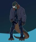  anthro clothed clothing cybernetics cyborg hi_res lizard looking_at_viewer machine male open_jacket reptile scalie simple_background solo standing tanks_(artist) teeth watermark 