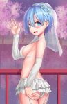  1girl ass bangs bare_shoulders blue_eyes blue_hair blurry blurry_background blush bra breasts bridal_veil cherry_blossoms commentary detached_sleeves eyebrows_visible_through_hair from_behind hair_ornament hand_on_own_ass highres kaptivate large_breasts looking_at_viewer outdoors panties re:zero_kara_hajimeru_isekai_seikatsu rem_(re:zero) short_hair sideboob signature skirt solo tree underwear veil white_bra white_panties white_skirt white_sleeves 