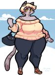  anthro blonde_hair breasts clothed clothing domestic_cat felid feline felis female footwear hair handbag mammal newtype_hero open_mouth pants paula_(newtype_hero) shoes short_hair signature solo striped_tail stripes thick_thighs wide_hips yellow_eyes 
