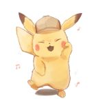  2019 3_toes ambiguous_gender clothing dancing deerstalker_hat detective_pikachu dipstick_ears front_view full-length_portrait fur hat hat_only headgear headwear mostly_nude multicolored_ears musical_note nintendo open_mouth open_smile picca pikachu pok&eacute;mon pok&eacute;mon_(species) pok&eacute;mon_detective_pikachu portrait red_cheeks simple_background smile solo toes video_games white_background yellow_fur 