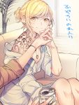  blonde_hair bracelet can commentary_request couch ear_piercing earrings holding_hands jewelry mikan-uji nail_polish necklace open_clothes open_shirt original piercing plant potted_plant smile soda_can tattoo translation_request yellow_eyes 