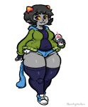  :3 beverage black_hair bottomwear breasts clothed clothing cup fangs female fingerless_gloves gloves grey_eyes grey_skin hair holding_object homestuck hoodie horn humanoid jacket legwear ms_paint_adventures nepeta_leijon newtype_hero pointy_ears shirt short_hair shorts signature slit_pupils sneakers solo thick_thighs thigh_highs topwear troll_(homestuck) webcomic wide_hips yellow_sclera 