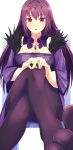  1girl bangs breasts chair cleavage crossed_legs dress eyebrows_visible_through_hair fate/grand_order fate_(series) feather_trim feet fur_trim hair_between_eyes hand_on_own_knee headpiece highres large_breasts legs lien open_mouth pantyhose purple_dress purple_hair red_eyes scathach_(fate)_(all) scathach_skadi_(fate/grand_order) sitting solo tiara white_background 