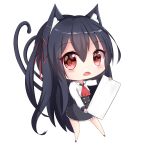  1girl animal_ear_fluff animal_ears ass bangs black_footwear black_hair black_skirt blush cat_ears cat_girl cat_tail chibi chisuzu_mei collared_shirt eyebrows_visible_through_hair fangs full_body hair_between_eyes hair_ribbon highres holding long_hair long_sleeves nagato-chan one_side_up open_mouth paryi_project red_eyes red_neckwear red_ribbon ribbon shirt shoes simple_background skirt solo tail tail_raised very_long_hair virtual_youtuber white_background white_shirt 