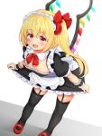  1girl alternate_costume apron bangs black_dress blonde_hair blush bow bowtie breasts commentary_request crystal dress dutch_angle enmaided eyebrows_visible_through_hair fang feet_out_of_frame flandre_scarlet frilled_apron frills garter_straps grey_background hair_between_eyes hair_ribbon highres leaning_forward long_hair looking_at_viewer maid maid_apron mary_janes nipple_slip nipples no_hat no_headwear one_side_up open_mouth petticoat puffy_sleeves red_bow red_eyes red_footwear red_neckwear red_ribbon ribbon shadow shoes short_dress sidelocks skin_fang small_breasts solo standing thighhighs thighs tokoya_(ex-hetare) touhou two-tone_background waist_apron white_apron white_background wings wrist_cuffs zettai_ryouiki 