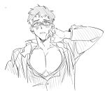 1boy alternate_costume bespectacled blush chest collarbone glasses idolmaster idolmaster_side-m long_sleeves looking_at_viewer male_focus open_mouth pectorals shingen_seiji short_hair simple_background solo upper_body white_background 