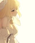  1girl blonde_hair breasts bridal_veil cleavage detached_sleeves eyebrows_visible_through_hair fate/grand_order fate_(series) large_breasts nero_claudius_(bride)_(fate) nero_claudius_(fate)_(all) padlocked_collar profile rosuuri simple_background solo veil white_background yellow_eyes zipper 