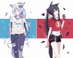  2girls animal_ears arknights bangs black_hair black_pants black_shorts blue_background captain_yue character_name clothes_writing commentary_request crop_top eyebrows_visible_through_hair food food_in_mouth grey_eyes hair_between_eyes hair_ribbon lappland_(arknights) long_hair looking_at_viewer mouth_hold multicolored multicolored_background multiple_girls pants pocky ponytail red_background red_ribbon red_shirt ribbon scar scar_across_eye shirt short_shorts short_sleeves shorts silver_hair tail tank_top texas_(arknights) very_long_hair white_background white_shirt white_tank_top 