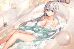  1girl aircell aqua_eyes arms_under_breasts bangs bathing bathtub blush bottle breasts bubble cecilia_schariac eyebrows_visible_through_hair grey_hair hair_between_eyes highres honkai_(series) honkai_impact_3rd large_breasts long_hair looking_at_viewer nude partially_submerged sidelocks smile solo very_long_hair wet 