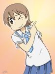  &gt;_o 1girl absurdres aioi_yuuko artist_name brown_eyes brown_hair closed_mouth cowboy_shot hand_on_back highres julie7770 looking_to_the_side nichijou one_eye_closed pointing school_uniform short_hair signature smile solo 