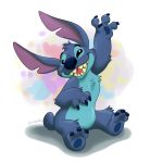  2019 3_toes 4_fingers alien black_eyes blue_claws blue_fur blue_nose blue_pawpads by-nc-nd chest_tuft claws creative_commons disney experiment_(species) fluffy fur gesture head_tuft hi_res lilo_and_stitch looking_at_viewer notched_ear open_mouth open_smile orlandofox pawpads raised_arm signature simple_background sitting small_tail smile solo stitch toes toony tuft waving 