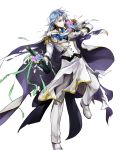  1boy alternate_costume bottle bow cape epaulettes fire_emblem fire_emblem:_rekka_no_ken fire_emblem_heroes flower full_body gloves grey_hair highres long_hair low_ponytail male_focus official_art one_eye_closed pent purple_eyes rose torn_clothes transparent_background wada_sachiko 