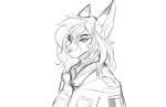  2018 anthro breasts bust_portrait canid canine canis clothing ellen_heart female hair mammal military_uniform monochrome portrait simple_background snout solo uniform watsup white_background wolf 