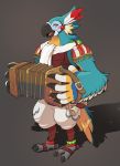  2019 accordion anthro arijuno avian breath_of_the_wild feathers hi_res holding_object kass_(tloz) looking_at_viewer male multicolored_feathers musical_instrument nintendo open_mouth open_smile rito scarf simple_background smile solo standing the_legend_of_zelda video_games yellow_eyes 