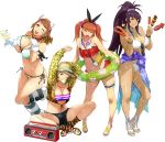  4girls amanomiya_ayame animal_ears animal_print arm_ribbon arms_up bangs bell bell_collar bertha_bernstein bikini bikini_skirt black_scrunchie blunt_bangs blush_stickers boombox bouncing_breasts bracelet breasts brown_eyes brown_hair bubble_blowing cat_ears cat_tail chewing_gum cleavage clenched_hand collar crossed_ankles cup drink drinking_glass eating extra_ears eyebrows_visible_through_hair eyewear_hang eyewear_removed fake_animal_ears fake_tail floral_print food frilled_bikini frills gloves goggles goggles_around_neck green_innertube hair_bobbles hair_ornament hairband halter_top halterneck hat heart heart_hair_ornament heart_print high_ponytail highres holding holding_cup holding_food holding_innertube innertube jewelry katrina_company large_breasts leg_garter leg_warmers leopard_print long_hair long_sleeves looking_at_viewer multiple_girls nail_polish navel official_art olive_oppert one_eye_closed open_mouth polka_dot polka_dot_bikini purple_hair red_bikini red_eyes ribbon sandals sarong scrunchie shishkebab shoe_flower shoes short_hair short_shorts shorts side-tie_bikini sidelocks small_breasts sneakers standing super_robot_wars super_robot_wars_x-omega sweat swimsuit tail toenail_polish transparent_background two_side_up upper_teeth watanabe_wataru wet white_bikini white_gloves wrist_scrunchie 