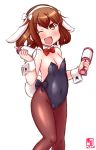  1girl alternate_costume animal_ears artist_logo baby_bottle bare_shoulders black_leotard blush bottle bow bowtie breasts brown_eyes brown_hair bunny_ears bunny_girl bunny_tail bunnysuit cameltoe commentary_request covered_navel cowboy_shot dated detached_collar fake_animal_ears fang hair_ornament hairclip highres ikazuchi_(kantai_collection) kanon_(kurogane_knights) kantai_collection leotard long_hair looking_at_viewer one_eye_closed open_mouth pantyhose rattle_drum short_hair signature simple_background small_breasts smile solo strapless strapless_leotard tail white_background wrist_cuffs 