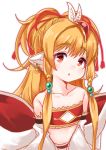  1girl bandeau bangs bare_shoulders blonde_hair blush collarbone commentary_request detached_sleeves eyebrows_visible_through_hair feathers granblue_fantasy hair_between_eyes hair_feathers hair_ornament hair_ribbon harvin head_tilt high_ponytail highres kirisame_mia long_hair long_sleeves looking_at_viewer mahira_(granblue_fantasy) parted_lips pointy_ears ponytail red_bandeau red_eyes red_ribbon ribbon sidelocks simple_background solo upper_body white_background white_feathers white_sleeves 
