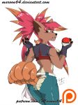  big_butt butt clothing female flannery invalid_tag maroon64 nintendo pok&eacute;ball pok&eacute;mon pok&eacute;mon_(species) solo torn_clothing transformation video_games vulpix worried 