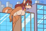  2018 anthro b._wolf barely_visible_genitalia barely_visible_pussy bent_over blue_eyes breasts brown_hair brown_nipples brown_nose canid canine canis chair city digital_media_(artwork) female flat_colors fur goattrain growth hair hair_highlights inside long_hair looking_aside macro mammal nipples outside purple_highlights pussy signature skyscraper solo tan_fur window wolf 