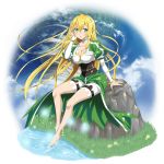  1girl arm_support barefoot blonde_hair bracelet breasts choker cleavage collarbone detached_sleeves faux_figurine floating_hair full_body grass green_eyes green_skirt hair_between_eyes hand_in_hair highres jewelry large_breasts leafa long_hair long_sleeves looking_at_viewer official_art open_mouth pointy_ears shiny shiny_hair shiny_skin short_shorts shorts shorts_under_skirt sitting skirt soaking_feet solo sword_art_online transparent_background very_long_hair water white_shorts white_sleeves 