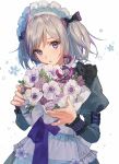  1girl alternate_costume apron artist_request blush bouquet dress english_text flower frilled_dress frilled_skirt frilled_sleeves frills girls_frontline grey_hair maid maid_apron maid_headdress purple_eyes skirt thompson/center_contender_(girls_frontline) twintails 