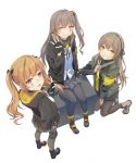  armband artist_request boots brown_hair fingerless_gloves girls_frontline gloves grey_hair grin hood hooded_jacket jacket looking_at_viewer red_eyes scar scar_across_eye shoes siblings side_ponytail sisters smile sneakers twins twintails ump40_(girls_frontline) ump45_(girls_frontline) ump9_(girls_frontline) v yellow_eyes 
