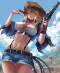  1girl belt blonde_hair breasts choker cleavage cloud cow_girl cowboy_hat forest gun hat highres legs_together lips long_hair looking_to_the_side mountain nai_zi nature navel no_bra original parted_lips rope sky solo suspenders thigh_gap wavy_hair weapon wide_hips yellow_eyes 