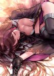  1girl absurdres akagi_(azur_lane) animal_ears azur_lane bangs blush breasts brown_hair cleavage denchu_(kazudentyu) eyebrows_visible_through_hair fox_ears fox_tail gloves highres japanese_clothes large_breasts long_hair lying multiple_tails on_side open_mouth sleeping tail wide_sleeves 