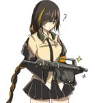  1girl ? assault_rifle black_hair braided_ponytail commentary_request confused drum_magazine eyepatch girls_frontline gun haguruma_(hagurumali) highres m16 m16a1_(girls_frontline) magazine_(weapon) metal_gear_(series) metal_gear_solid_3 necktie rifle shiny skirt solo weapon 