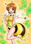  1girl antennae bee_costume blush breasts brown_eyes brown_hair choker clover clover_(flower) costume flower four-leaf_clover happinesscharge_precure! insect_wings lance large_breasts looking_at_viewer mattsua medium_hair one_eye_closed oomori_yuuko open_mouth polearm precure smile solo sparkle striped vest weapon wings wristband 