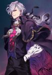  1boy cape edmond_dantes_(fate/grand_order) fate/grand_order fate_(series) gloves hair_ribbon hand_in_hair jewelry long_hair looking_at_viewer male_focus ponytail red_eyes ribbon silver_hair smile solo sora_yoshitake_yuda white_gloves 