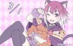  1girl animal_ears black_legwear bridal_gauntlets cat_ears cat_girl cat_tail cygames fang_out food highres miyasaka_tamaki official_art one_eye_closed paw_pose princess_connect! princess_connect!_re:dive purple_eyes short_hair tail taiyaki thighhighs wagashi 