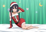  arm_support bangs bare_shoulders barefoot belt black_hair brown_eyes christmas collarbone detached_sleeves hat jpeg_artifacts k-on! long_hair looking_at_viewer mobile nakano_azusa off_shoulder oku_no_shi santa_costume santa_hat sitting smile solo twintails yokozuwari 