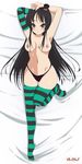  1girl akiyama_mio armpits arms_up black_eyes black_hair blush breasts dakimakura hat hime_cut k-on! long_hair mini_top_hat mio_akiyama navel nipples panties parted_lips striped striped_legwear striped_thighhighs thighhighs top_hat topless underwear 