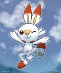  2019 3_toes animal_genitalia balls cloud feet fully_sheathed jumping looking_at_viewer male nintendo one_eye_closed pok&eacute;mon pok&eacute;mon_(species) scorbunny sheath signature simple_background smile solo toes video_games watermark white_balls white_sheath wink young zeklullaby 