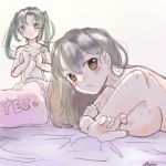  2girls artist_request bed bed_sheet blush breasts brown_hair hair_down hickey kaga_(kantai_collection) kantai_collection long_hair looking_at_viewer lying multiple_girls naked_sheet nude on_bed on_stomach pillow sheet_grab sideboob smile twintails yellow_eyes yes yes-no_pillow zuikaku_(kantai_collection) 