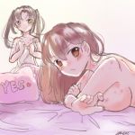 2girls artist_request bed bed_sheet blush breasts brown_hair hair_down hickey kaga_(kantai_collection) kantai_collection long_hair looking_at_viewer lying multiple_girls naked_sheet nude on_bed on_stomach pillow sheet_grab sideboob smile twintails yellow_eyes yes-no_pillow zuikaku_(kantai_collection) 