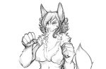  2018 anthro big_breasts blush breasts canid canine canis female hair half-length_portrait mammal monochrome navel nipples nude portrait simple_background solo watsup white_background wolf 
