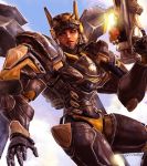  1girl alternate_costume alternate_headwear anubis_pharah backlighting black_hair blue_sky brown_eyes commission dark_skin eye_of_horus facial_tattoo geirahod gun helmet highres holding holding_gun holding_weapon lens_flare lips mechanical_wings nose overwatch pharah_(overwatch) power_armor rocket_launcher signature sky solo sun tattoo weapon wings 