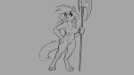  16:9 4k absurd_res anthro axe breasts canid canine canis digitigrade domestic_dog female fur grey_background hair hi_res mammal melee_weapon monochrome multi_nipple nipples nude polearm pussy simple_background solo spear standing watsup weapon 