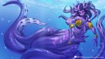  16:9 2019 alanscampos anthro bubble day detailed_background digital_media_(artwork) female hi_res monster outside purple_eyes smile solo underwater water 