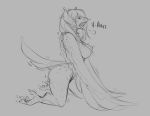  2019 anthro avian beak big_breasts bird breasts breath feathers female grey_background hair kneeling long_hair monochrome nipples nude open_mouth simple_background solo talons tongue tongue_out transformation watsup wings 