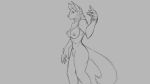  16:9 2019 anthro big_breasts breasts canid canine canis chest_tuft female grey_background mammal monochrome naturally_censored navel nipples nude pawpads side_view simple_background solo tuft watsup wolf 