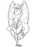  anthro avian beak big_breasts bird blush breasts covering covering_crotch feathered_wings feathers female fur gryphon hair mammal monochrome nipples nude on_one_leg rane shy simple_background smile solo standing watsup white_background wide_hips wings 