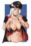  1girl azur_lane bakkanki bikini bismarck_(azur_lane) black_bikini black_gloves blonde_hair blue_eyes breasts cape cleavage closed_mouth commentary_request cropped_torso expressionless eyebrows_visible_through_hair eyes_visible_through_hair fur-trimmed_cape fur_trim gloves groin hair_between_eyes hat highres large_breasts long_hair looking_at_viewer military navel peaked_cap revision skindentation solo stomach swimsuit 