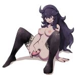  1girl ahoge al_bhed_eyes arm_support black_legwear black_nails breasts collarbone dildo fingernails hair_between_eyes hairband hex_maniac_(pokemon) highres lamb-oic029 long_fingernails looking_down masturbation medium_breasts messy_hair nail_polish navel nude object_insertion pokemon purple_eyes purple_hair purple_hairband simple_background sitting smile spread_legs thighhighs vaginal vaginal_object_insertion white_background 