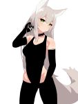  1girl animal_ears blush breasts cowboy_shot elbow_gloves eyebrows_visible_through_hair fox_ears fox_tail gloves green_eyes grey_hair hand_in_hair hand_up head_tilt highres legs_apart long_hair looking_at_viewer medium_breasts nezuko original parted_lips simple_background skin_tight slit_pupils solo standing tagme tail white_background 