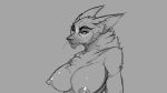  16:9 2018 4k absurd_res anthro big_breasts breasts bust_portrait canid canine canis female fur grey_background hi_res mammal monochrome nipples nude portrait simple_background solo standing watsup wolf 