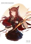  1girl 2019 animal_ears arknights bangs belt belt_buckle black_belt brown_hair brown_skirt brown_vest buckle cat_ears closed_mouth collared_shirt commentary_request ear_piercing eyebrows_visible_through_hair fire hair_between_eyes halftone highres holding jacket light_smile long_hair long_sleeves open_clothes open_jacket piercing pleated_skirt rabbit_(tukenitian) red_eyes red_jacket shirt skirt skyfire_(arknights) sleeves_past_fingers sleeves_past_wrists solo translation_request very_long_hair vest white_background white_shirt wide_sleeves 